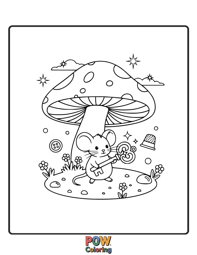 Free coloring page of A small mouse discovering a giant, sparkling Easter egg that's bigger than its house.