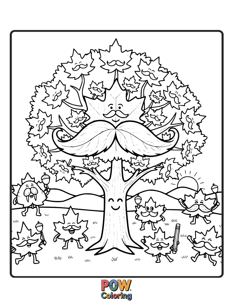 Free coloring page of Maple trees sporting stylish moustaches on their trunks, adding a touch of dapper charm.