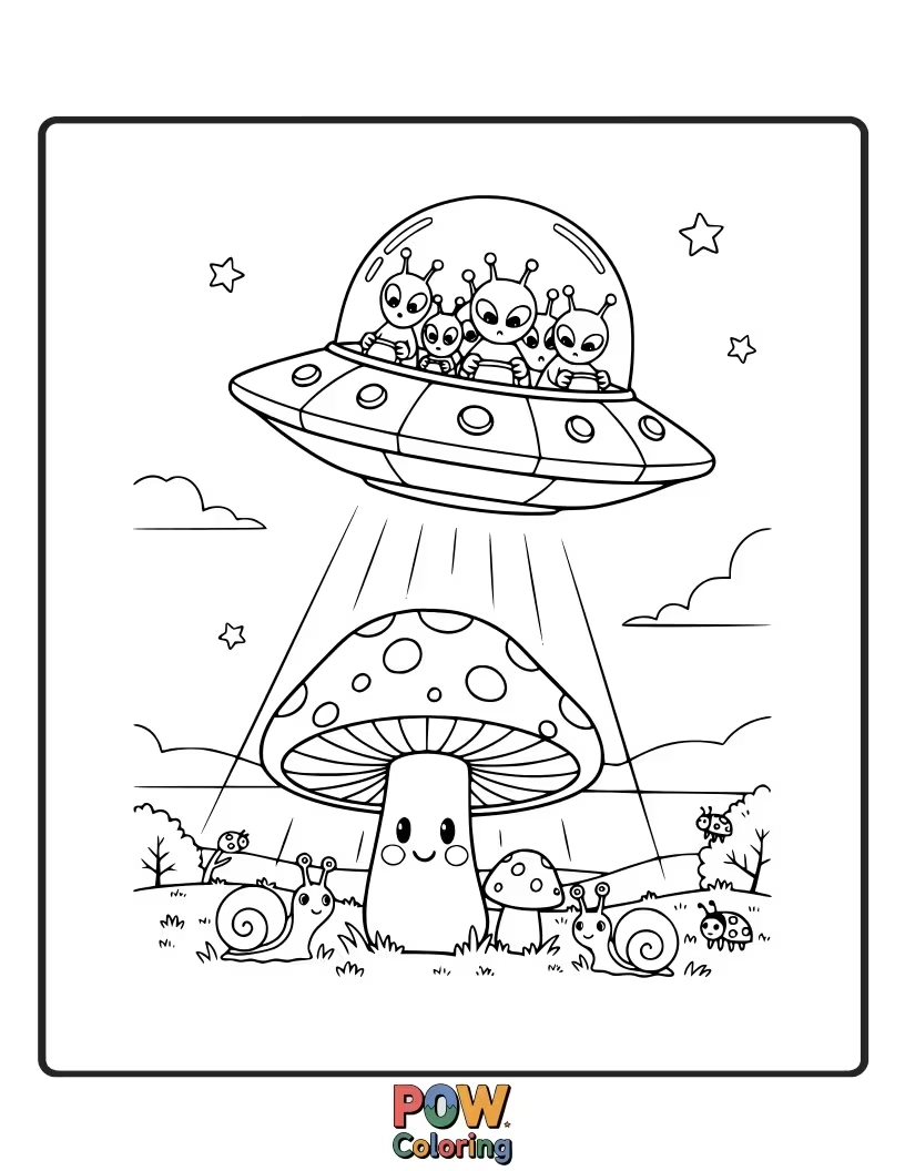 Free coloring page of A mushroom gently being lifted into a UFO by a friendly beam of light.