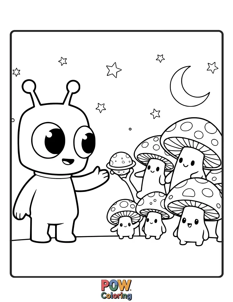 Free coloring page of A surprised mushroom meeting a tiny, friendly alien with multiple eyes and antennae.