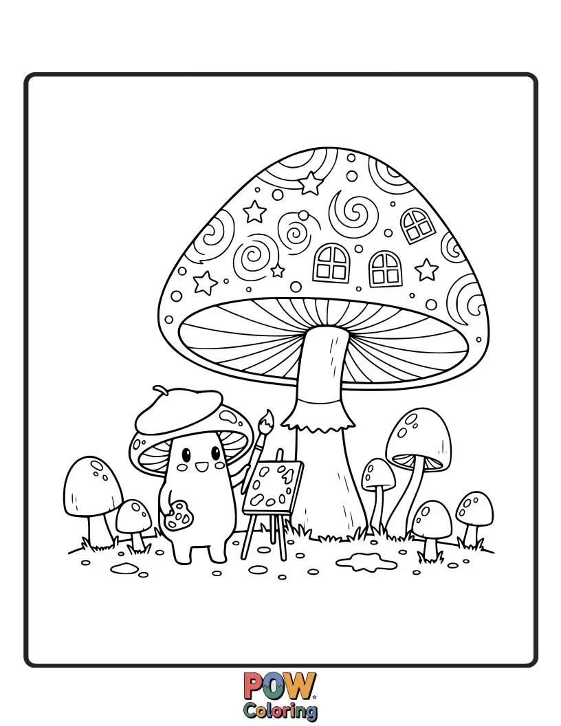 Free coloring page of A mushroom splattered with paint, proudly holding up a slightly abstract, wobbly painting.