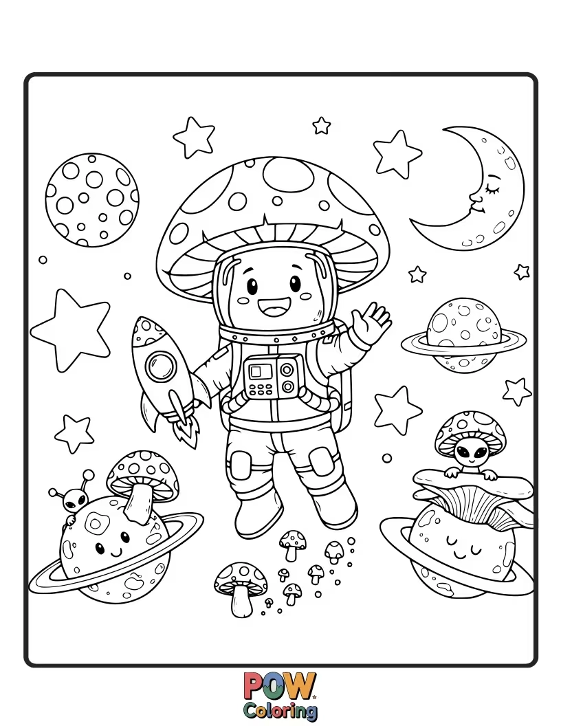 Free coloring page of A mushroom astronaut floating in space, reaching for a star-shaped cookie with a bewildered expression.