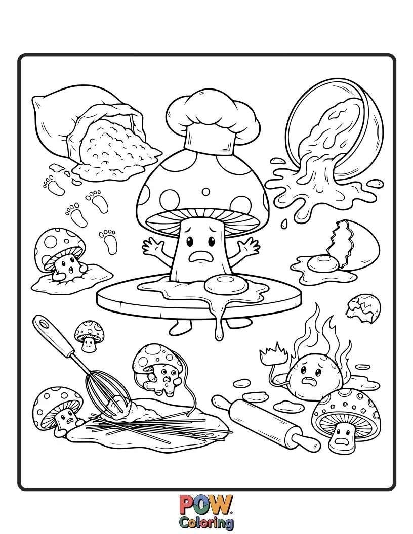 Free coloring page of A mushroom baker with flour on its nose, accidentally setting a tiny cake on fire.