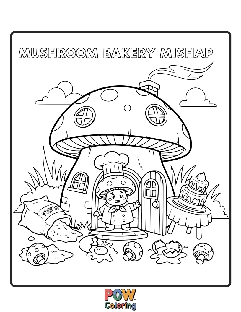 Free coloring page of A mushroom baker proudly displaying a lopsided, slightly burnt pie.