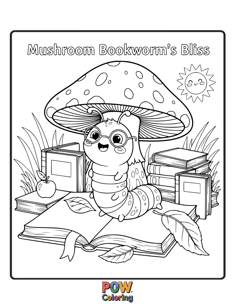 Free coloring page of A scholarly mushroom buried in a massive book, wearing reading glasses and looking intensely thoughtful.