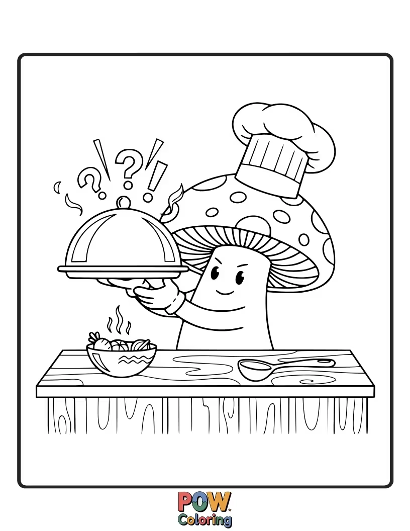 Free coloring page of A mushroom chef wearing a tall hat, accidentally dropping a giant spaghetti noodle into a bubbling pot.