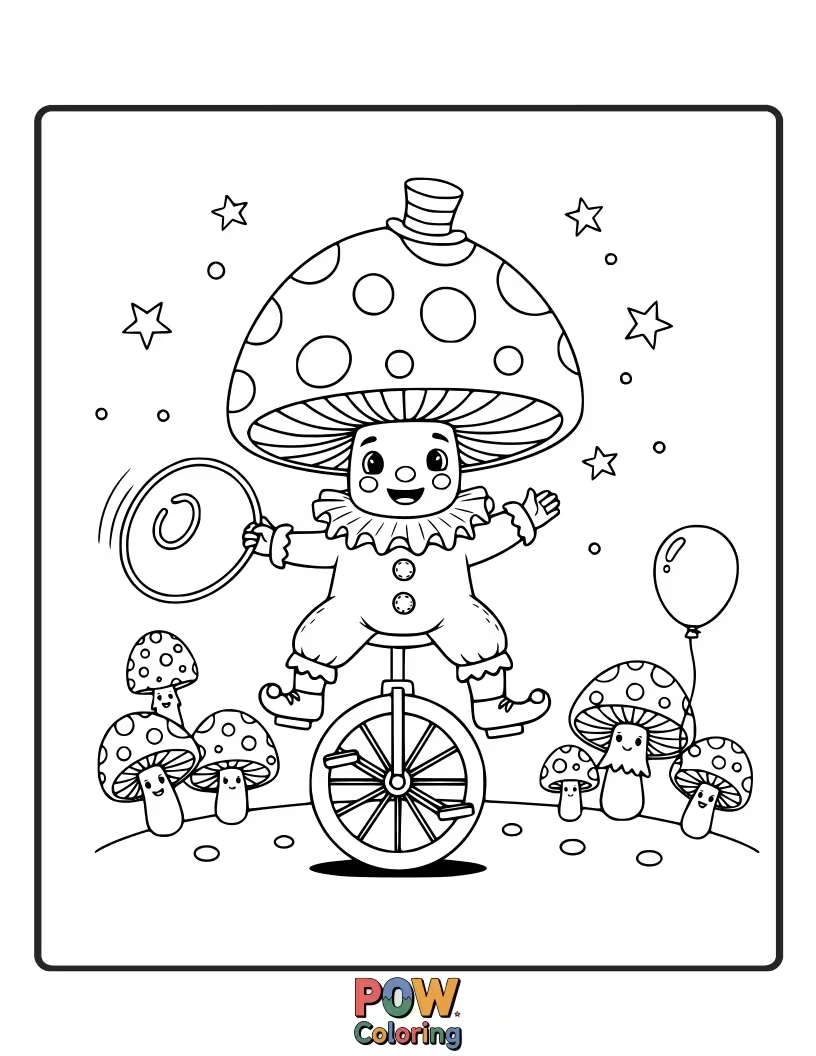 Free coloring page of A mushroom teetering precariously on a unicycle, juggling colorful acorns with great concentration.