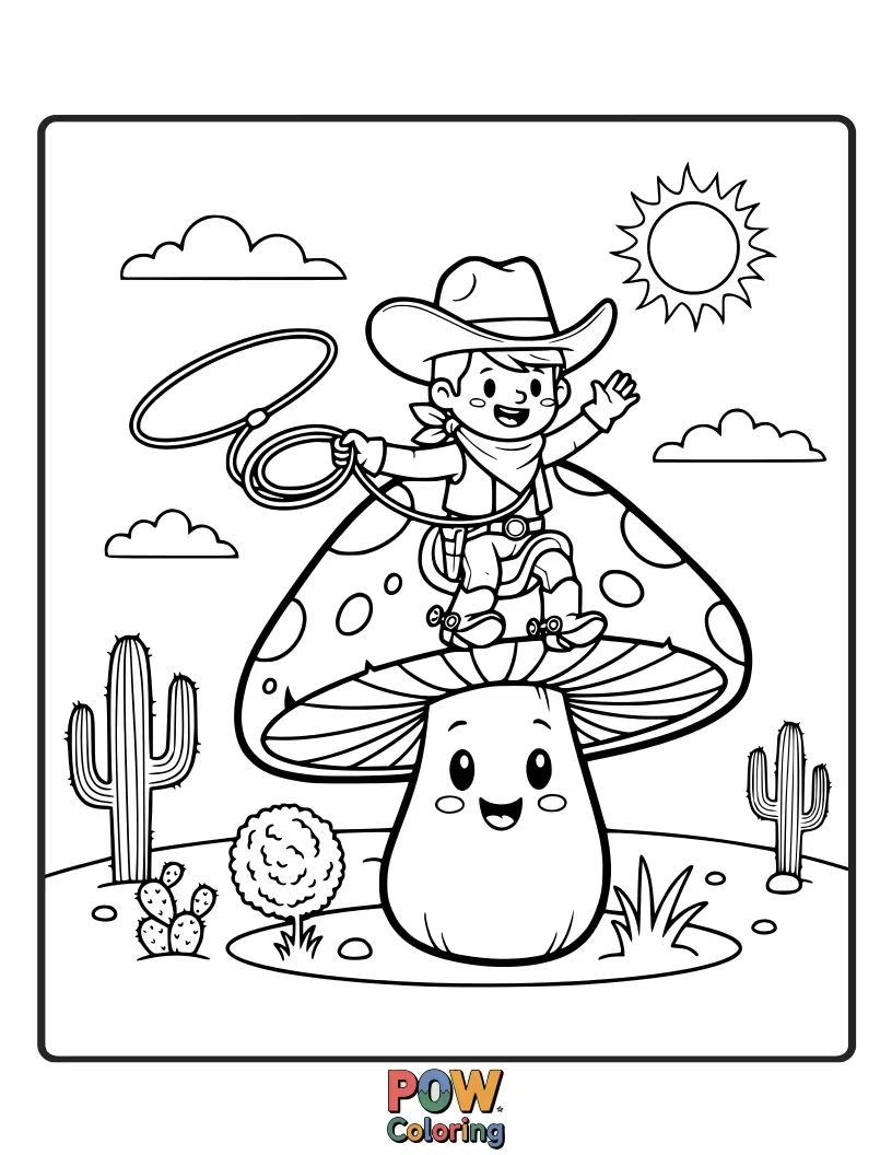 Free coloring page of A mushroom in a cowboy hat, bravely riding a grasshopper like a bucking bronco.