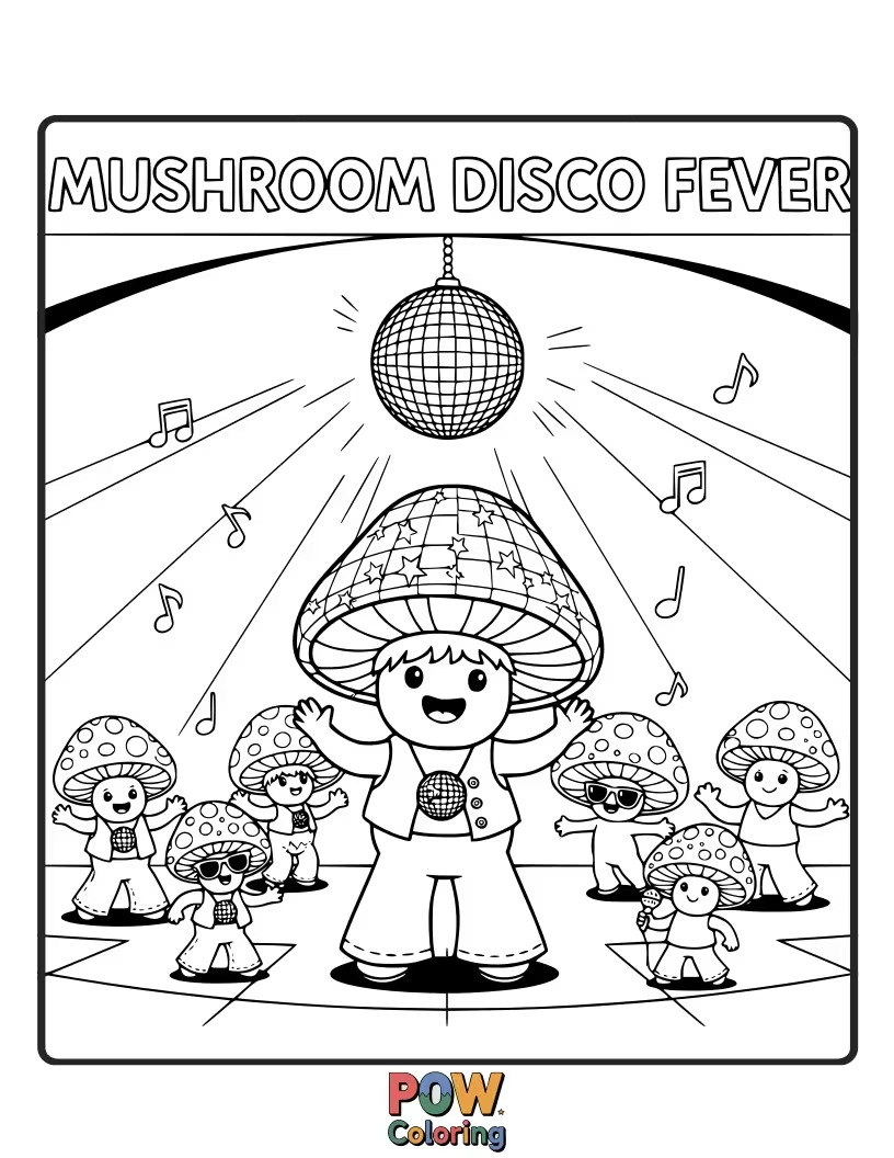 Free coloring page of A funky mushroom with a disco ball hat and roller skates, ready to boogie down on the dance floor.
