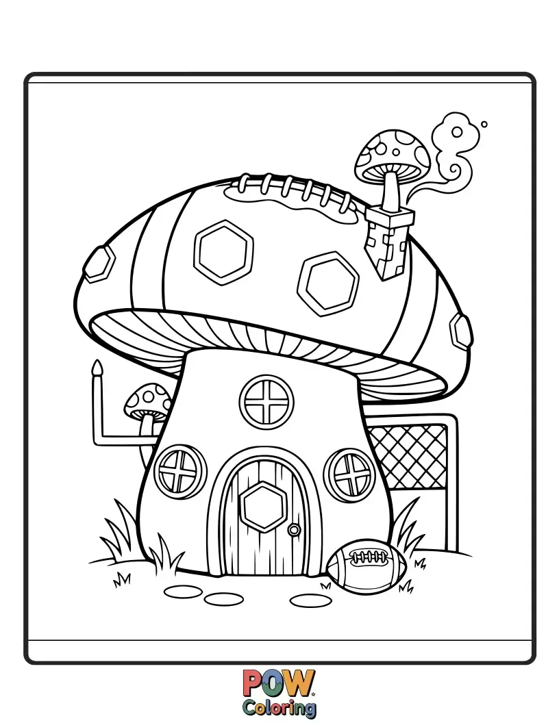 Free coloring page of A charming football nestled inside a giant, cozy mushroom house with a chimney. Whimsical and storybook-like.