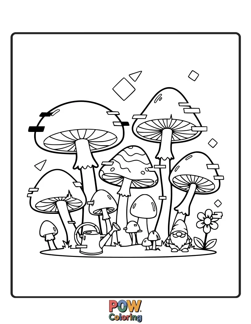 Free coloring page of A mushroom planting a seed upside down, looking utterly confused by the garden.