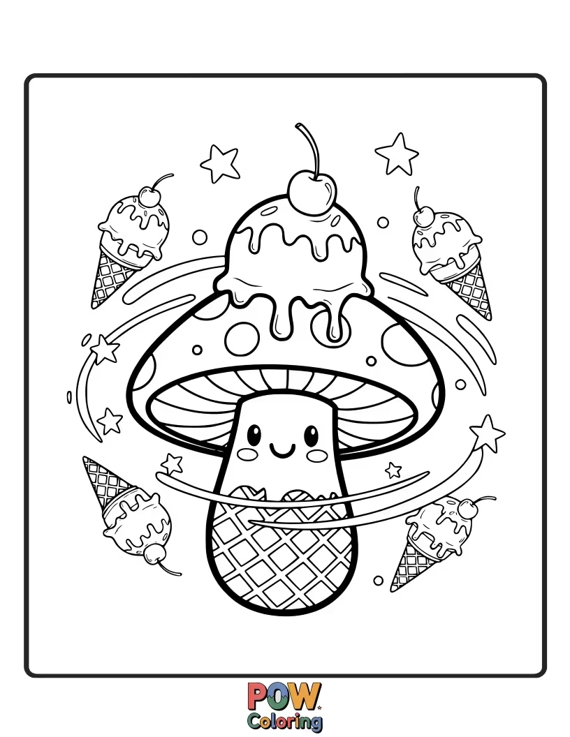 Free coloring page of A mushroom delighting in a giant, melting ice cream cone that’s almost as big as it is.