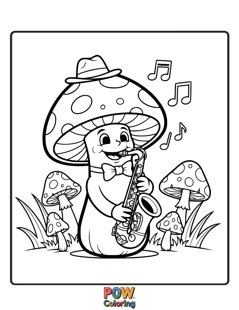 Free coloring page of A sophisticated mushroom playing a saxophone with a cool, jazzy vibe and a tiny bow tie.