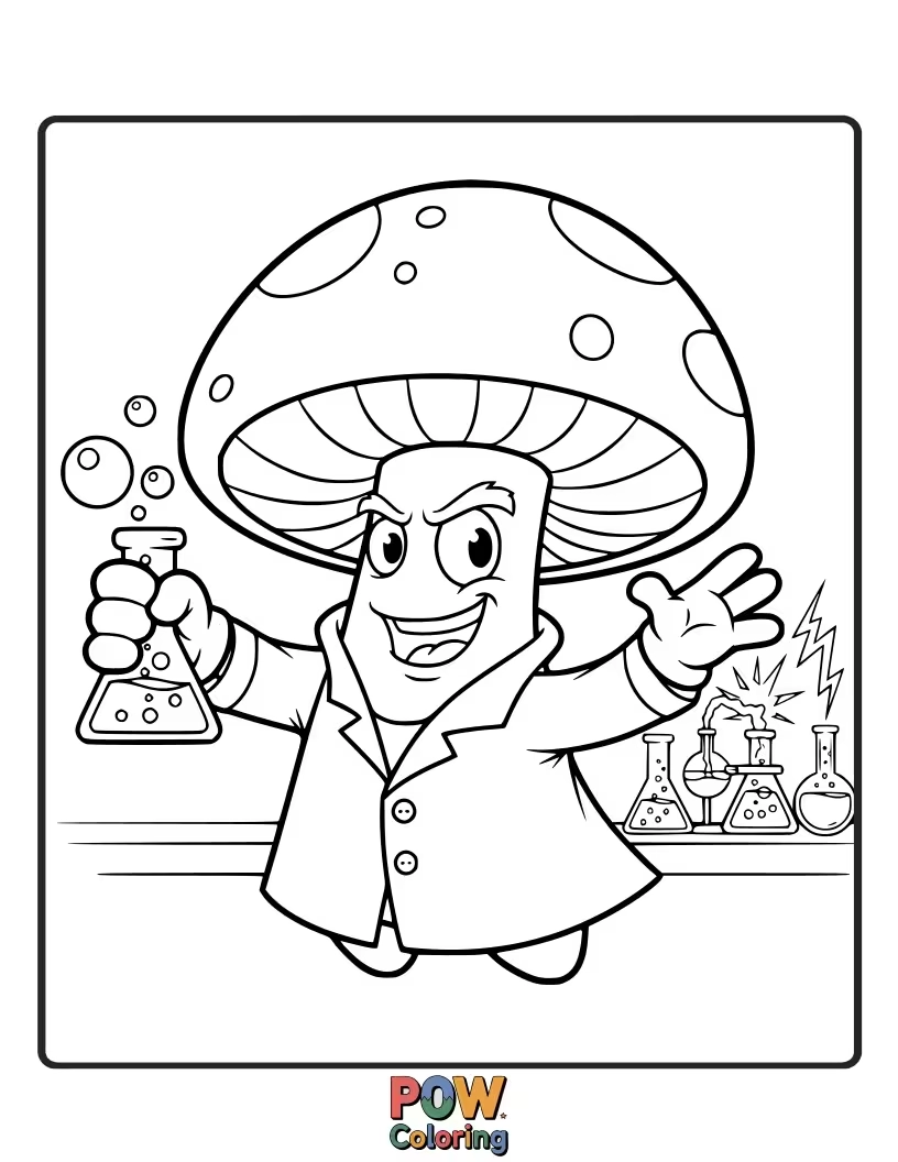 Free coloring page of A mushroom in a lab coat, stirring a bubbling beaker with a look of wild, experimental glee.