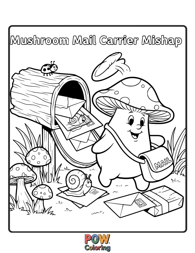 Free coloring page of A mushroom mail carrier struggling with an oversized, wiggly worm as a package.