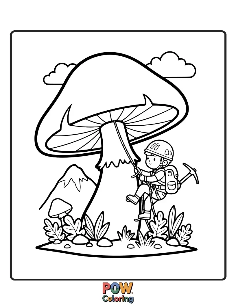 Free coloring page of A tiny mushroom scaling a gigantic pebble, looking like a mighty mountaineer.