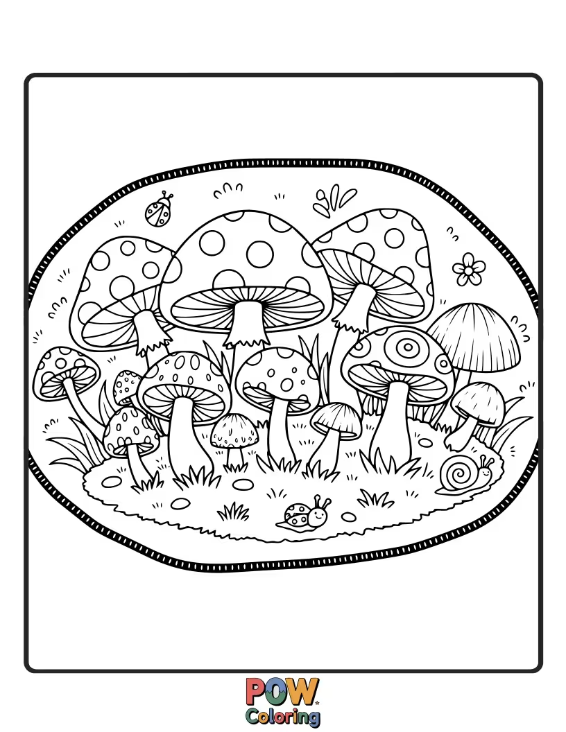 Free coloring page of A charming rug featuring a small cluster of cute, simple mushrooms. Bring a touch of forest magic to color.