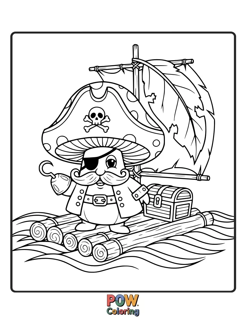 Free coloring page of A swashbuckling mushroom sporting an eye patch and a tiny pirate hat, sailing the seas for mushroom treasure.