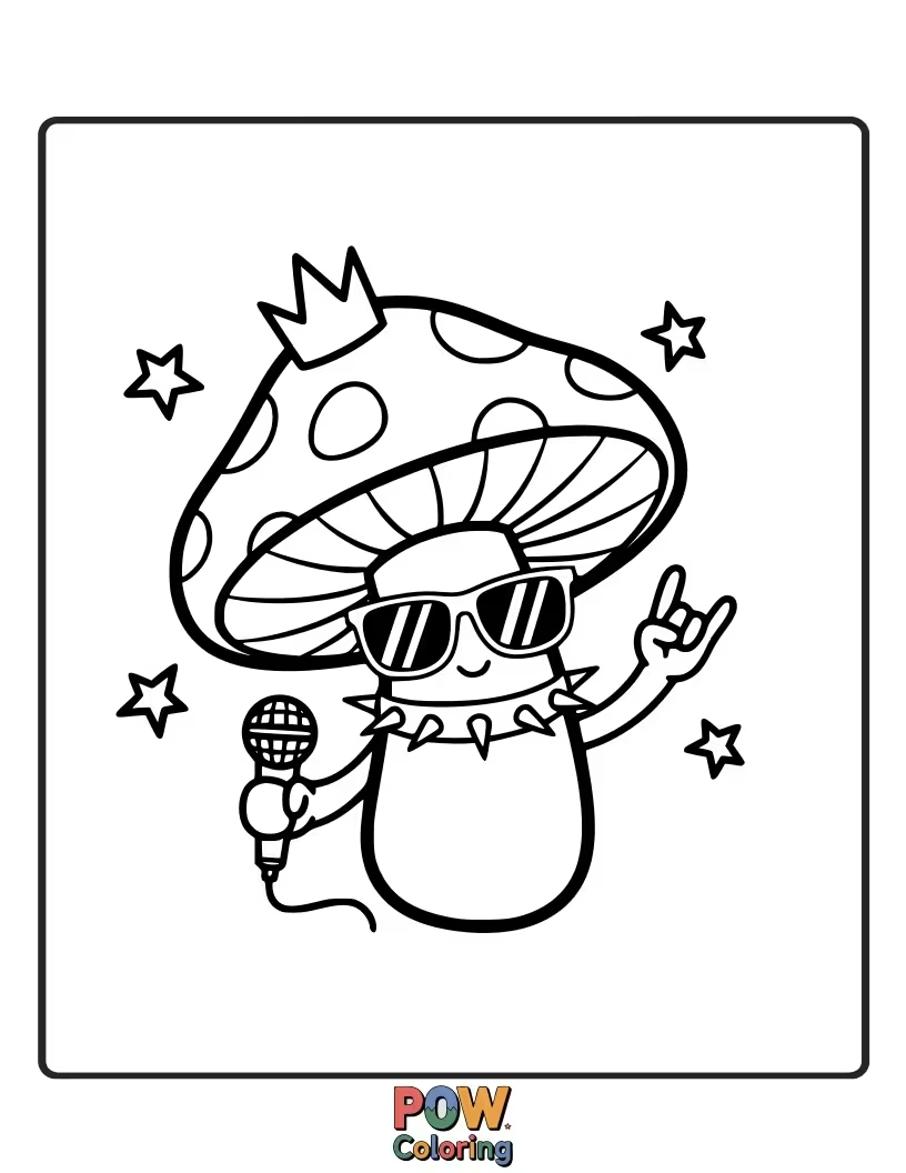 Free coloring page of This mushroom shreds on a guitar, sporting sunglasses and a wild hairstyle, belting out a fungal anthem.