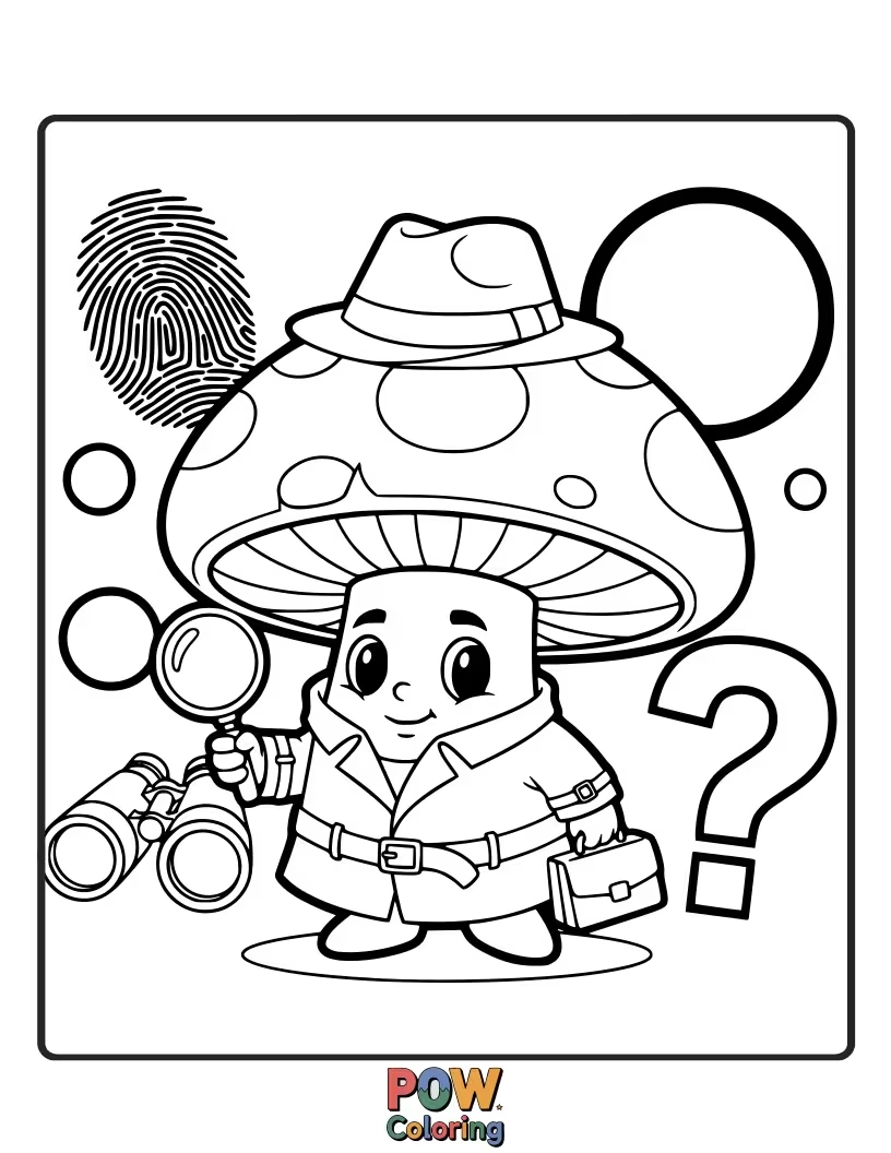 Free coloring page of A stealthy mushroom in a tuxedo, sneaking past a sleeping ladybug with a briefcase.