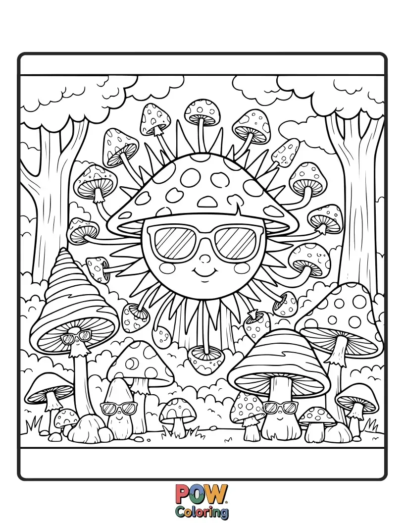 Free coloring page of Whimsical sunglasses nestled amongst a magical forest of mushrooms, sparking playful creativity.