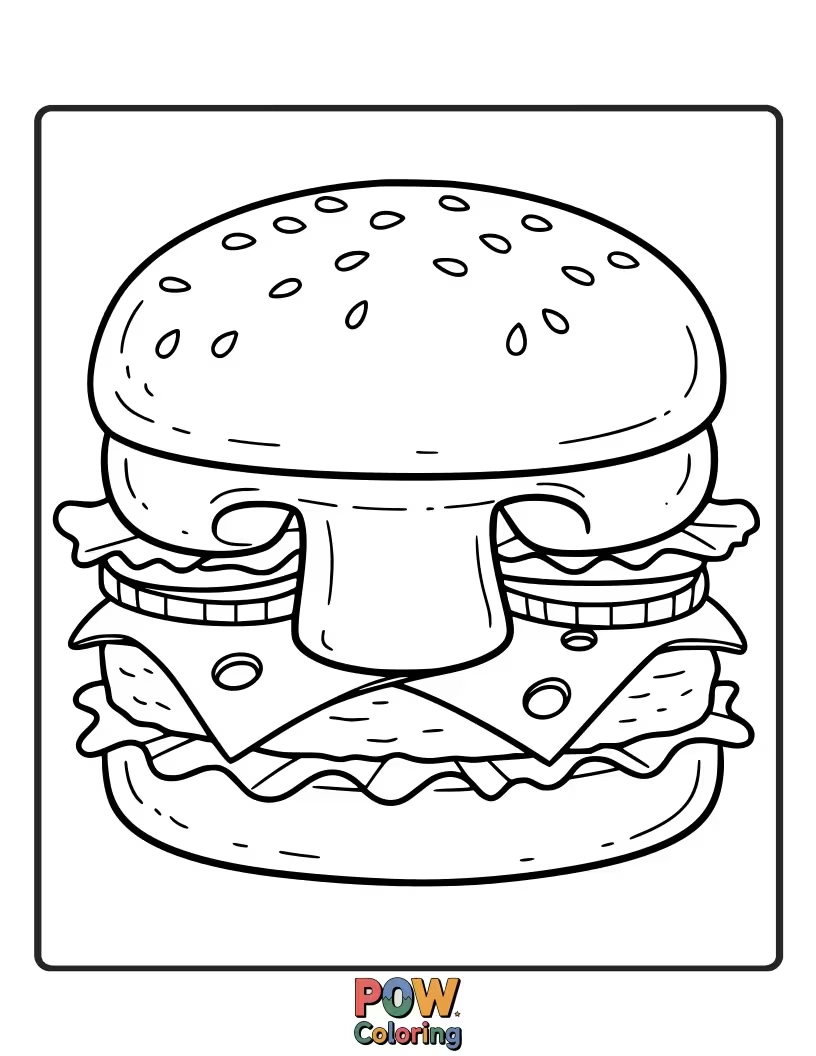 Free coloring page of A gourmet burger topped with sautéed mushrooms and melted Swiss cheese. Elegant and flavorful.