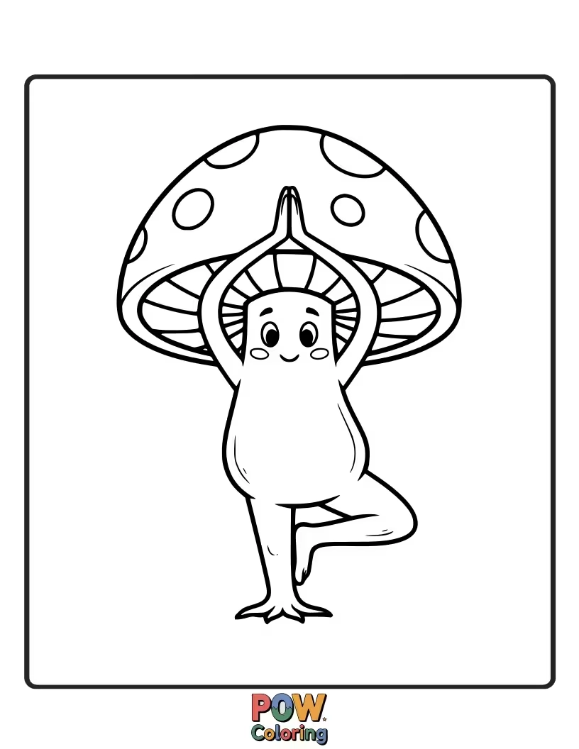 Free coloring page of A mushroom attempting a challenging yoga pose, wobbling precariously but with a determined grin.