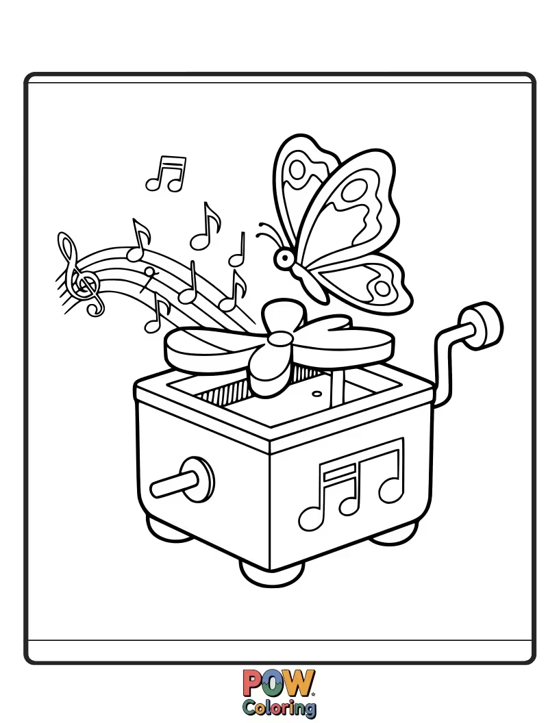 Free coloring page of A charming butterfly with music box gears for wings, gently turning to play a sweet, tinkling melody. Enchanting.