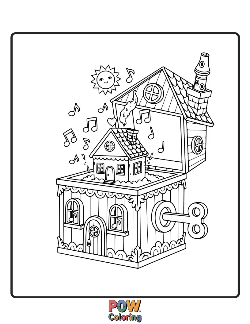 Free coloring page of A delicate music box opening to reveal a tiny, charming home with miniature furniture inside. A magical secret.