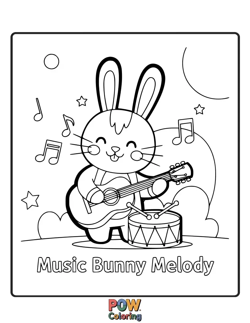 Free coloring page of A musical bunny plays a tiny instrument, surrounded by cheerful musical notes, filling the air with joy.