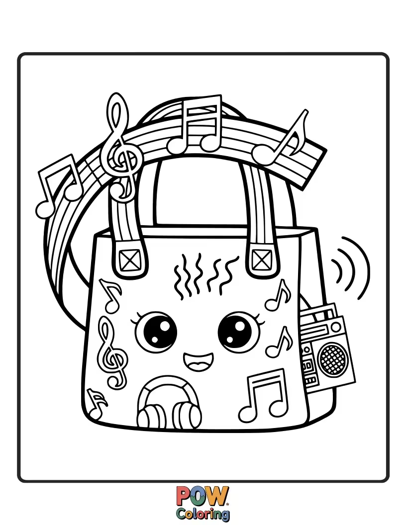 Free coloring page of Cool bags inspired by music, featuring notes, instruments, and speakers for a harmonious and rhythmic coloring experience.