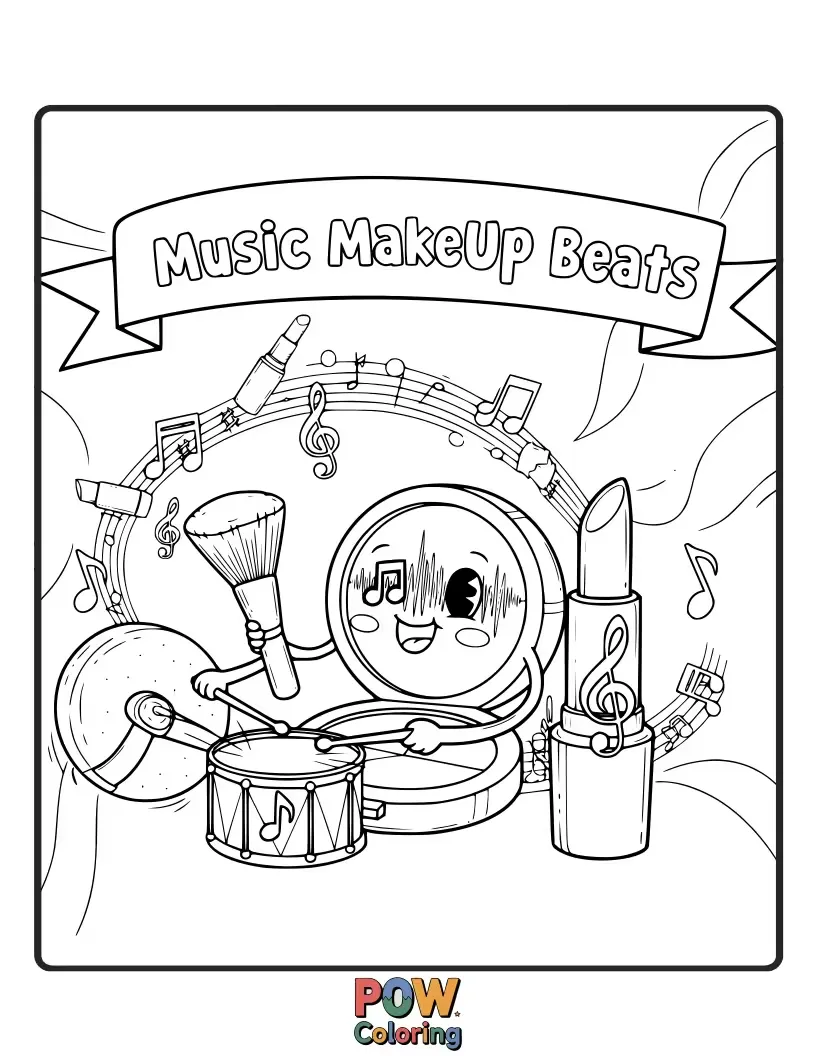 Free coloring page of Makeup items creatively shaped like musical notes, microphones, and headphones. Harmonize your colors for a vibrant masterpiece.