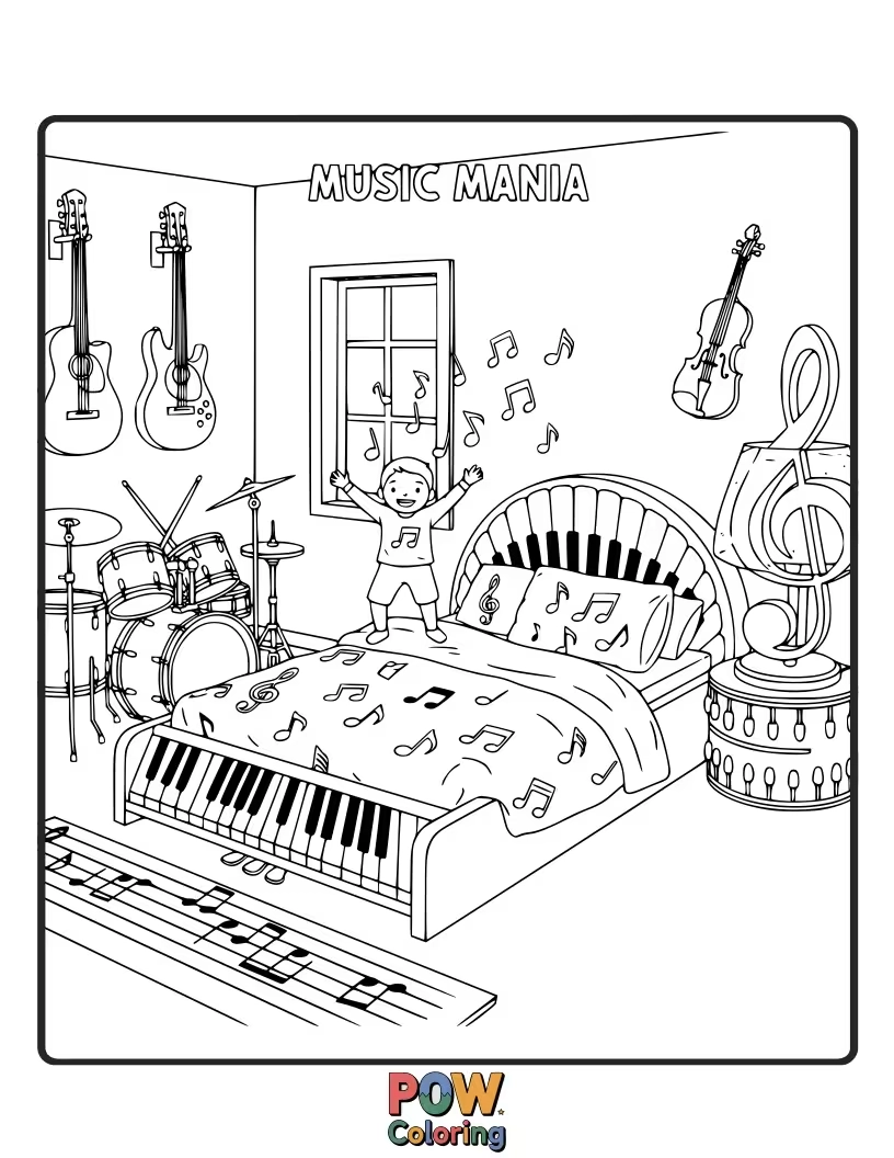 Free coloring page of Musical notes, instruments, and sound waves decorate this vibrant room for the budding musician.