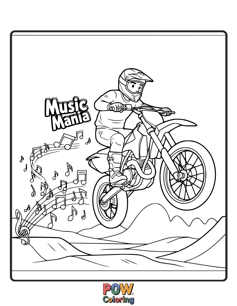Free coloring page of A dirt bike with speaker attachments, creating a vibrant soundwave trail as it rides.