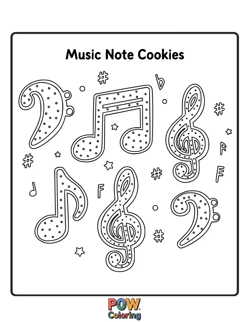Free coloring page of Melodious cookies shaped like musical notes and instruments. Compose a colorful symphony of sweet sounds.