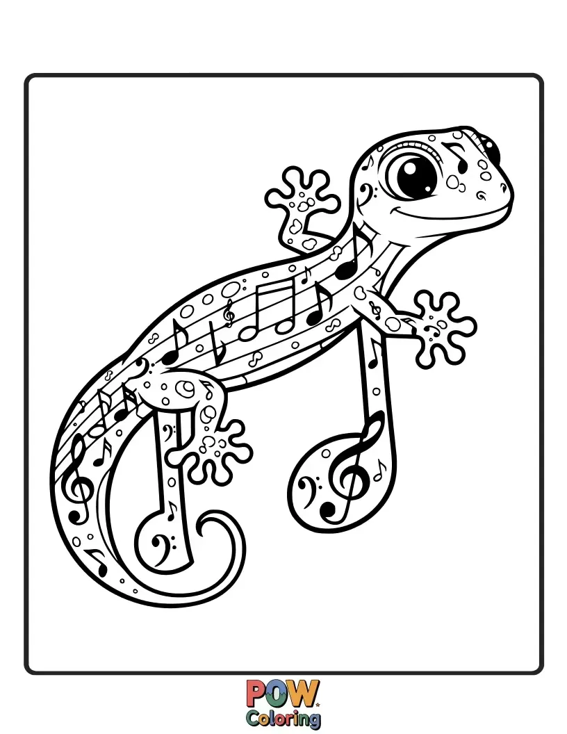 Free coloring page of A happy gecko lizard surrounded by floating music notes, perhaps humming a tune.