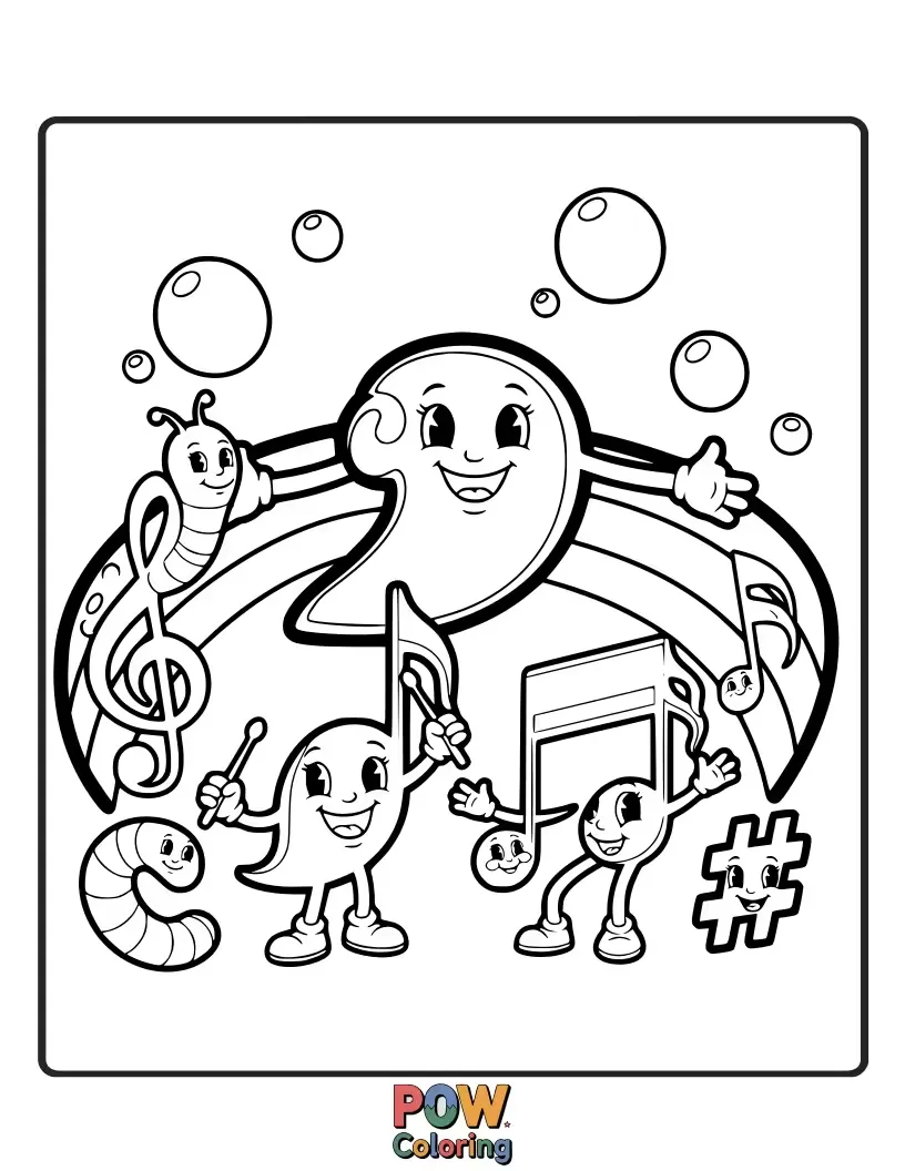 Free coloring page of A group of cheerful music notes with googly eyes and tiny hats having a jam session. Adorable, silly, and full of rhythm.