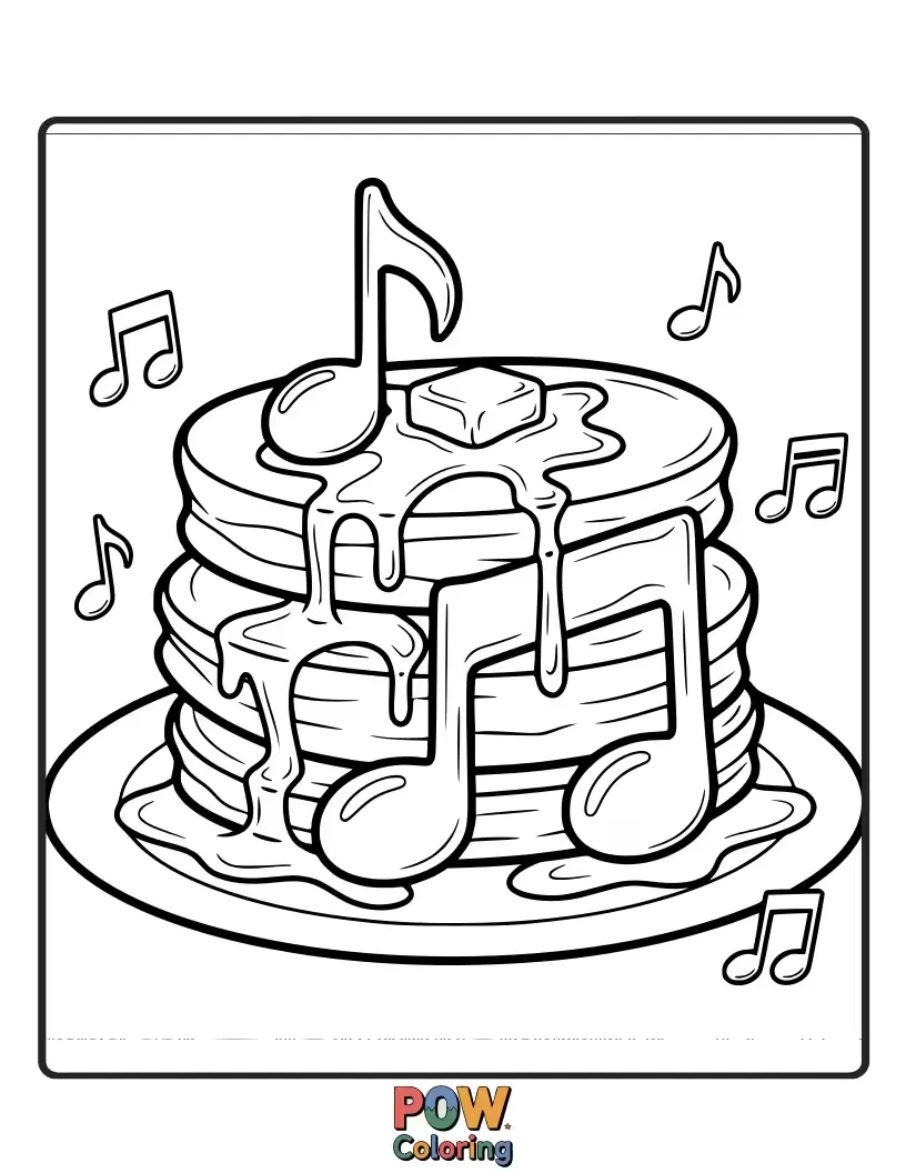Free coloring page of Pancakes arranged in the shape of musical notes, floating above a happy melody, ready to be colored in rhythm.