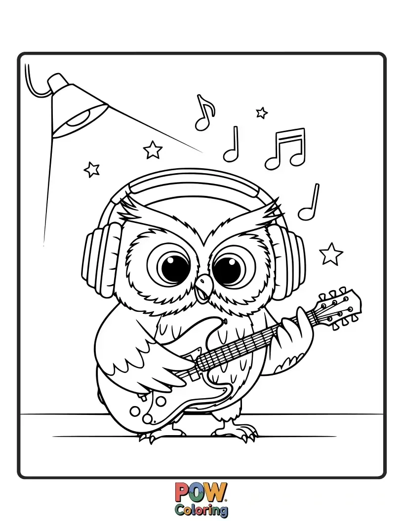 Free coloring page of A cool owl with headphones on, playing a tiny guitar with enthusiasm.