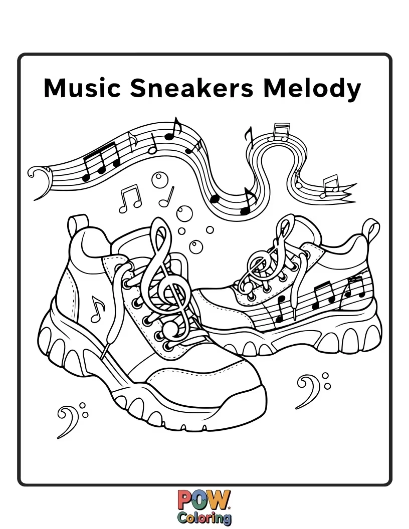 Free coloring page of The sneakers is filled with the musical melody theme playing in it.