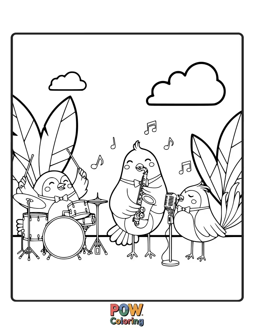 Free coloring page of Three charming birds harmonizing together, perhaps with tiny musical notes floating around them.