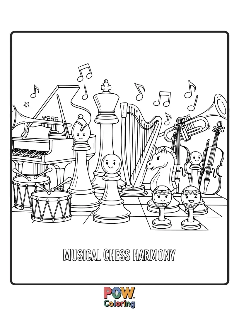Free coloring page of Chess pieces shaped like musical notes, creating a symphony of strategy on a grand piano keyboard board.