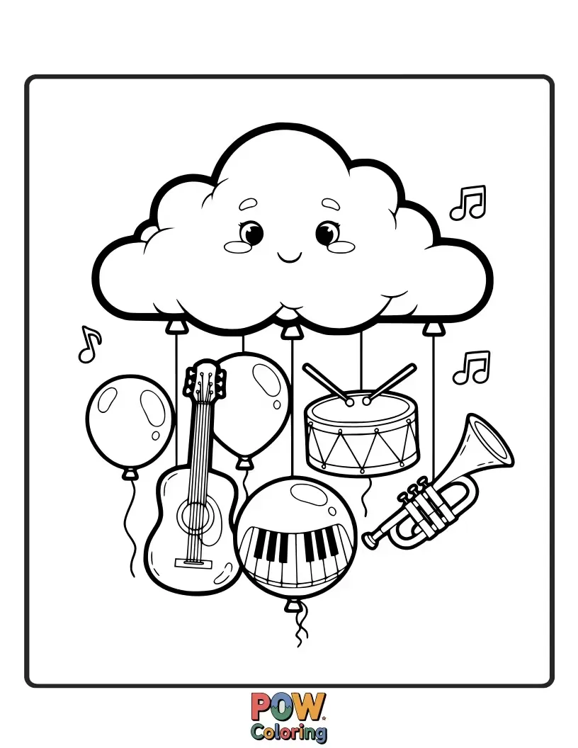 Free coloring page of Hot air balloons shaped like musical notes and instruments, floating along a melody in the sky.