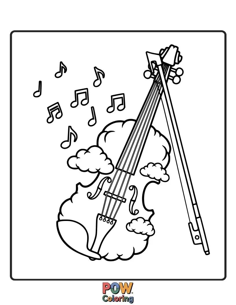 Free coloring page of A fluffy cloud plays a gentle melody on a violin, with musical notes floating around it.