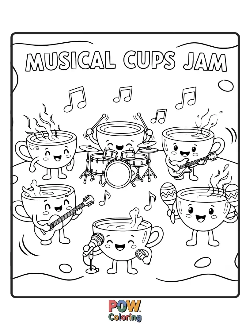 Free coloring page of Energetic cups playing instruments and singing along to a cheerful tune. Bring this vibrant scene to life!