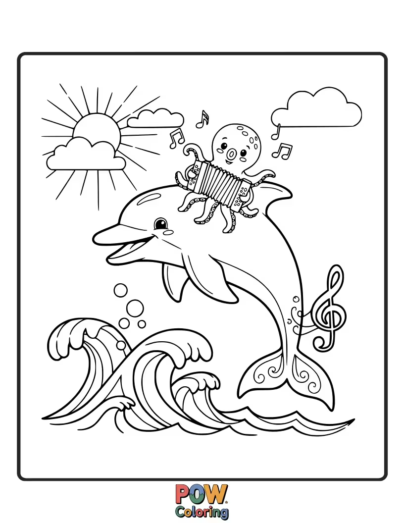 Free coloring page of A dolphin leaps joyfully out of the water, leaving a trail of musical notes, as if singing its swim.