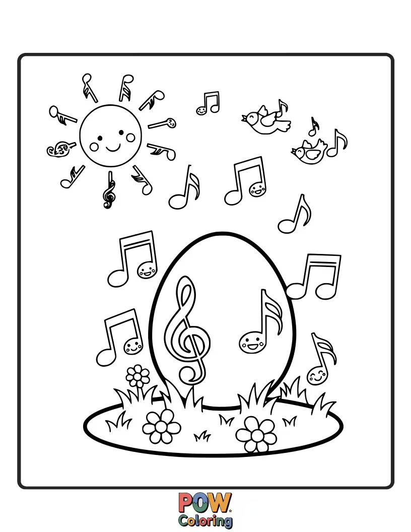 Free coloring page of An egg decorated with musical notes, treble clefs, and wavy lines representing sound, perfect for a harmonious color scheme.