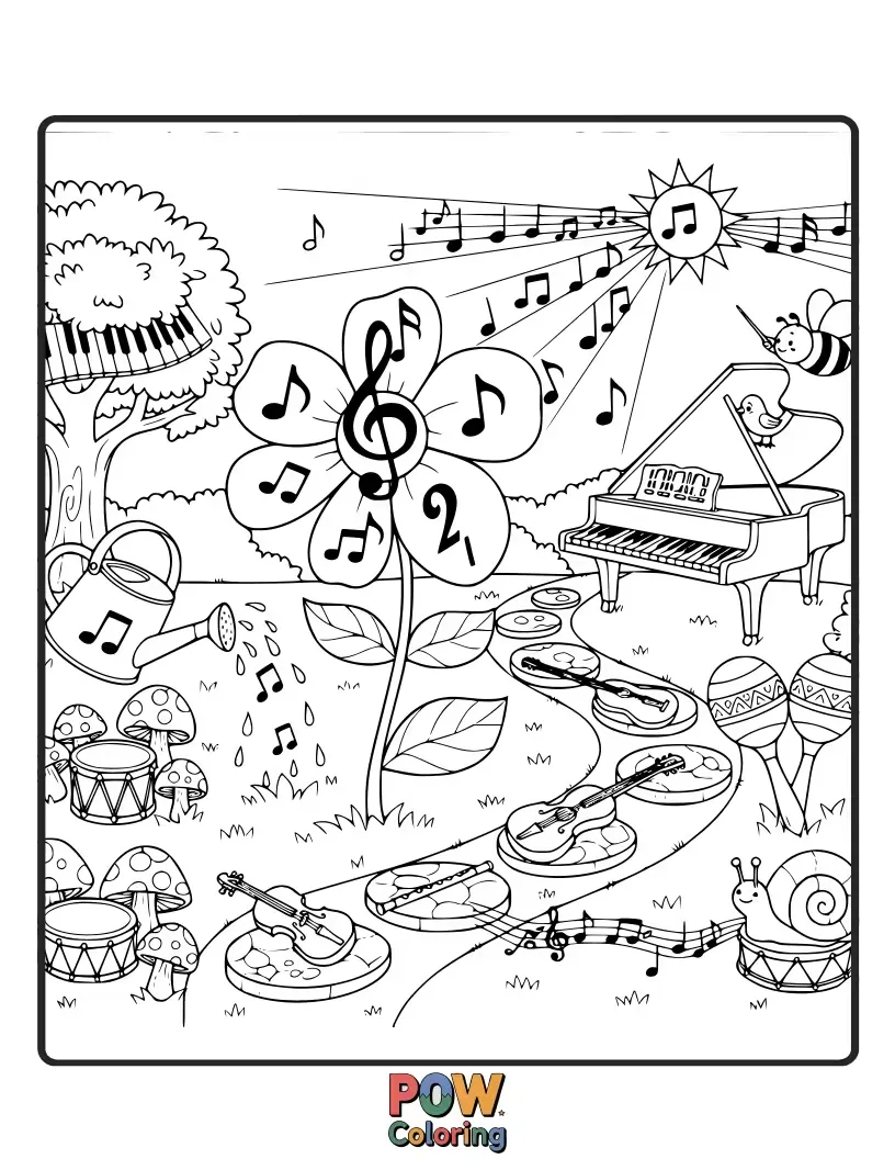 Free coloring page of Musical notes floating around singing flowers and instruments playfully hidden amongst garden foliage, creating a harmonious scene.