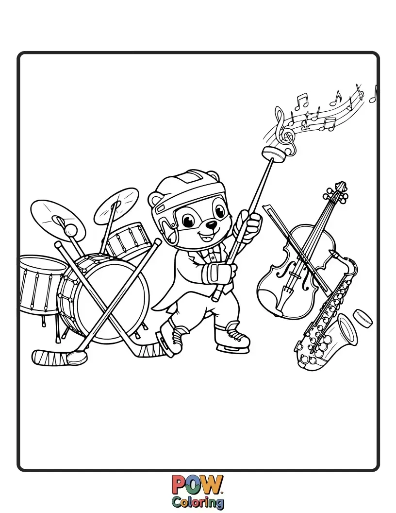 Free coloring page of A conductor bear leading a hockey team of musical animals playing instruments instead of sticks, with a symphony puck. Harmonious fun!