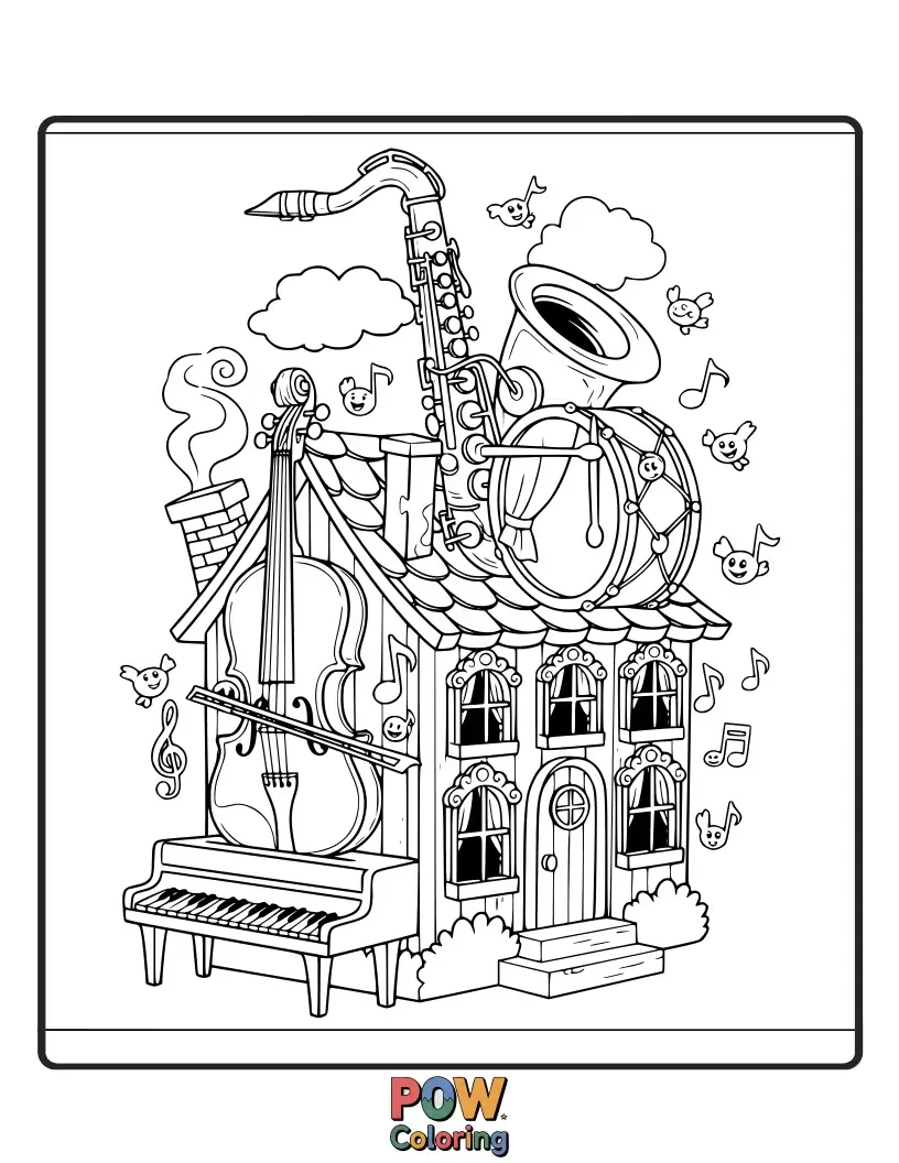 Free coloring page of A house with musical notes floating out of the windows, a piano visible inside. Harmony in every stroke!